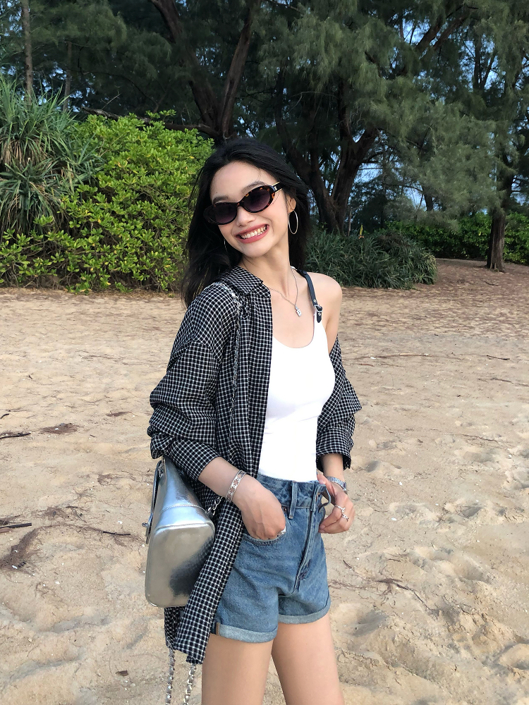 经典黑白格子衬衫外套女设计感小众宽松衬衣