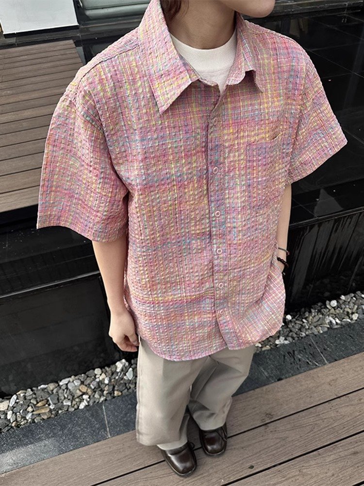 粉色多巴胺穿搭短袖衬衫男款泡泡纱上衣美式