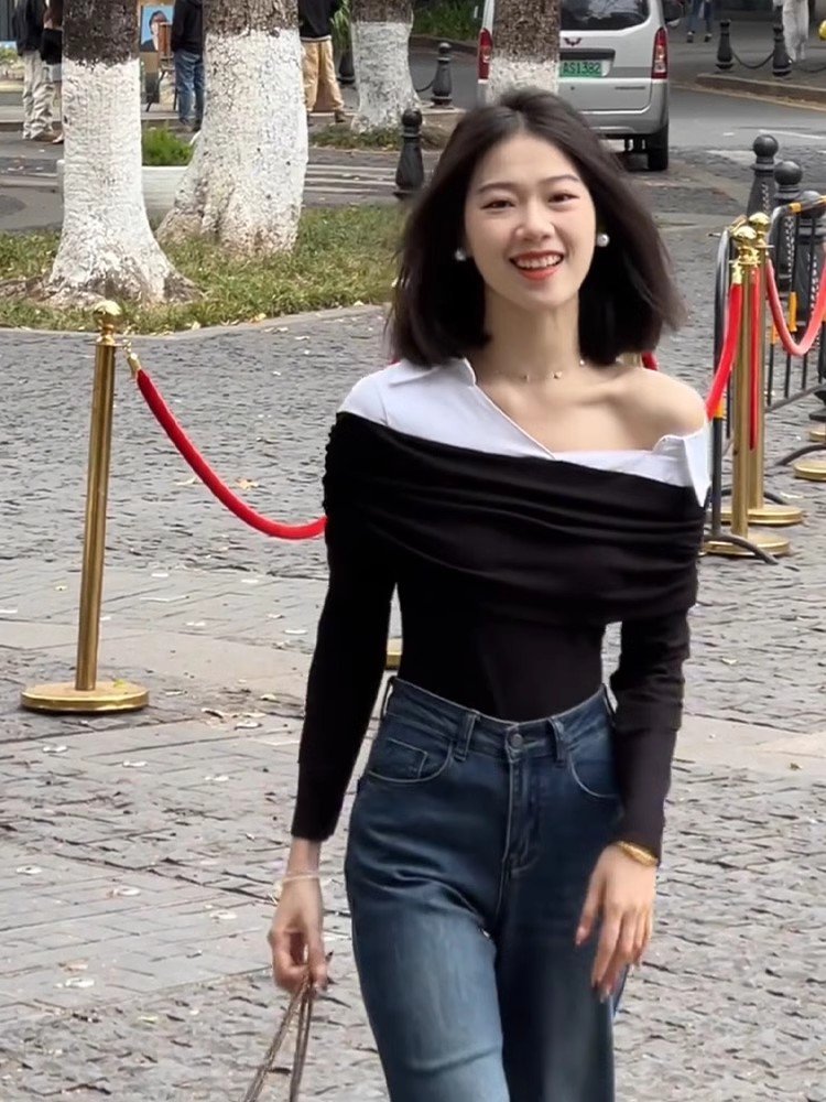 韩系黑色一字领斜肩长袖t恤女春秋甜辣小个