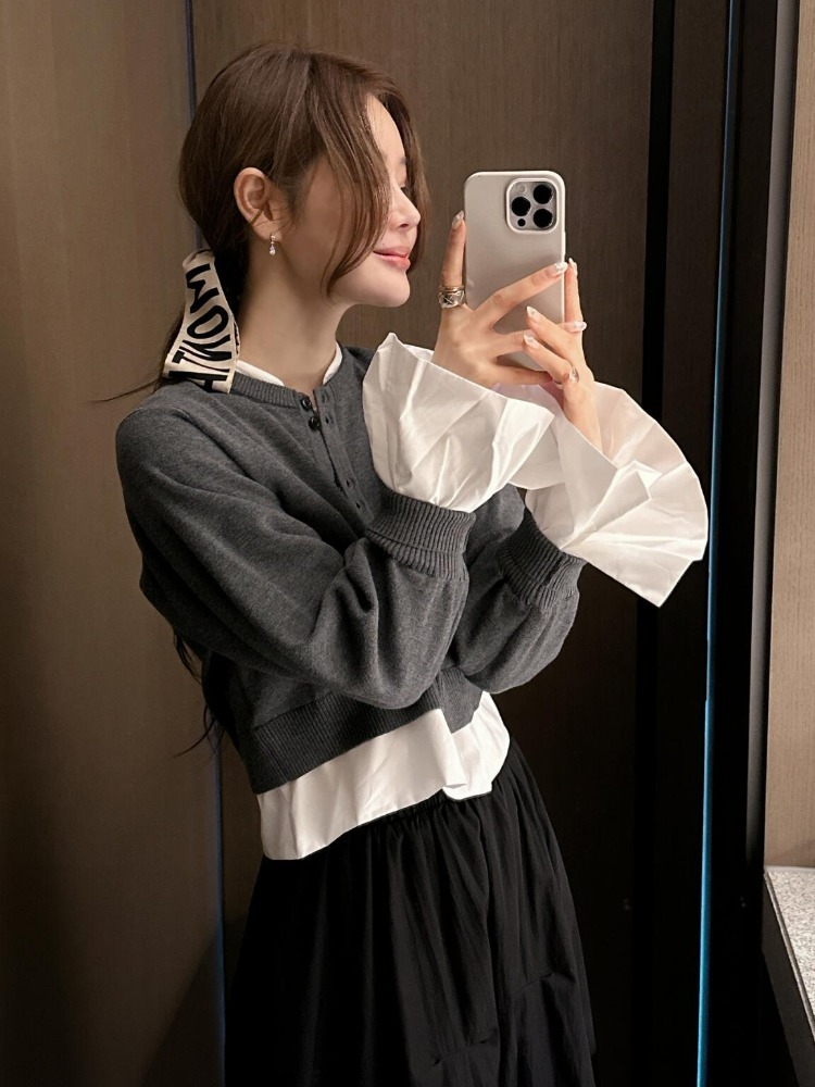 法式气质轻熟风时尚百搭灰色假两件开衫