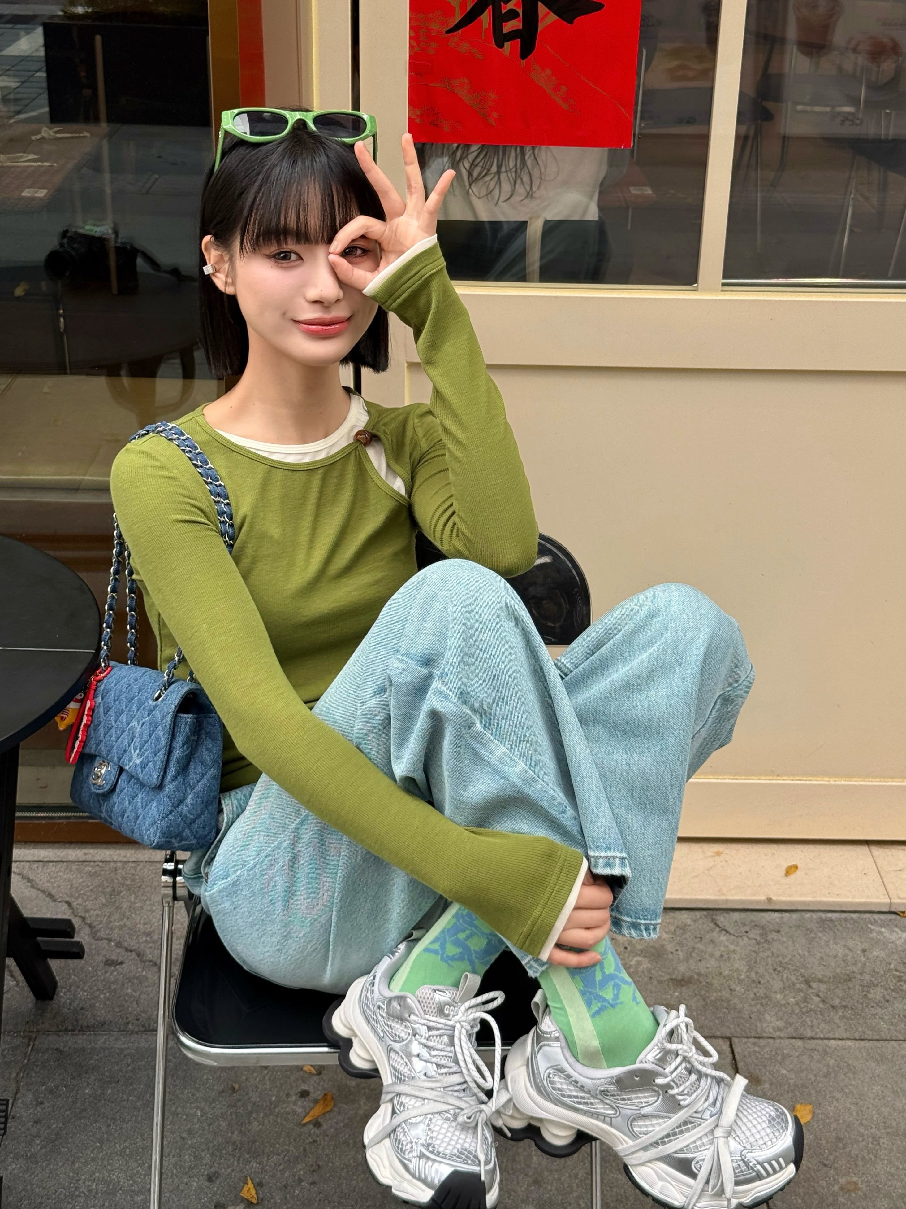 韩系绿色假两件长袖正肩t恤女春秋小个子内