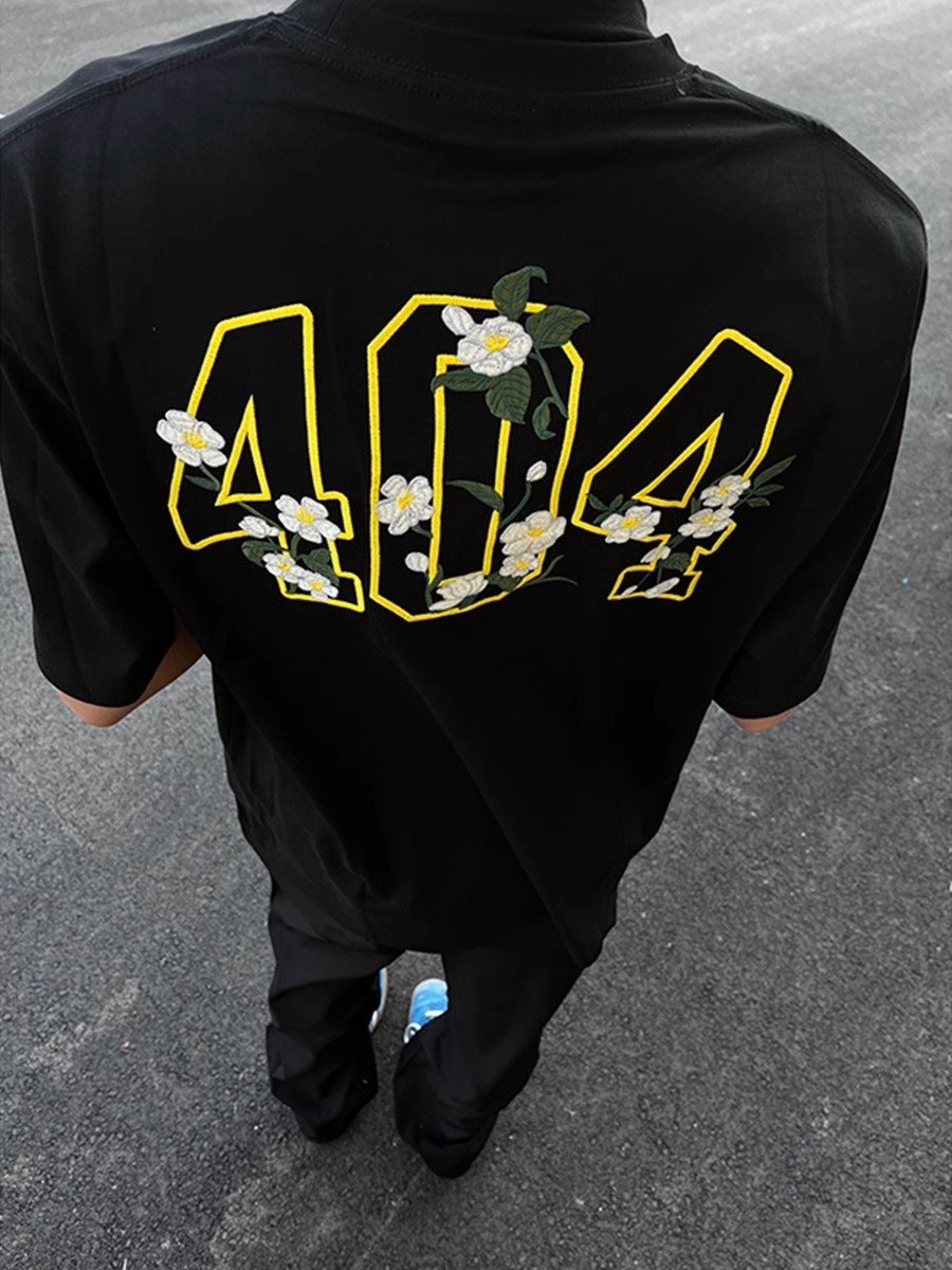 404山茶花毛巾刺绣t恤男夏季美式高街重