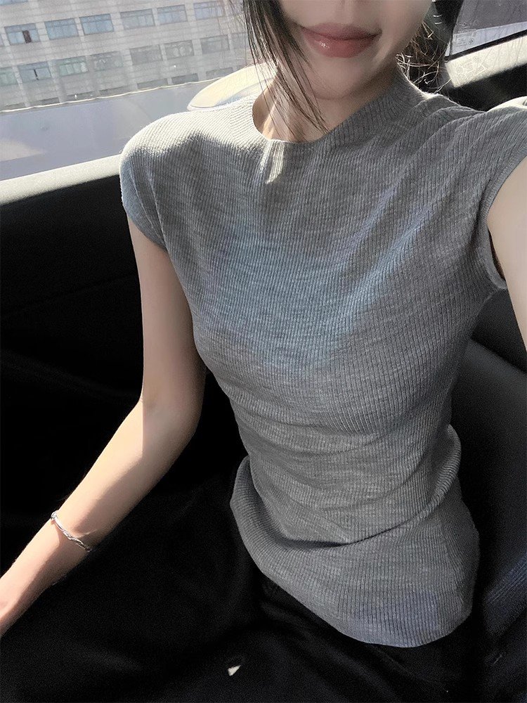 灰色冰丝圆领飞飞袖短袖t恤女夏季小个子高