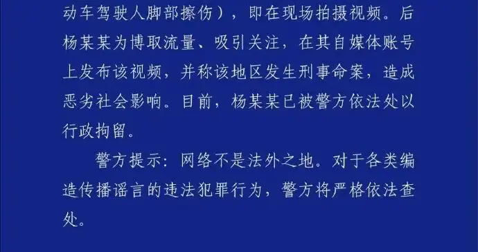 上海警方通报：杨某某（男，37岁）发布视频，将一起交通事故（非机动车驾...