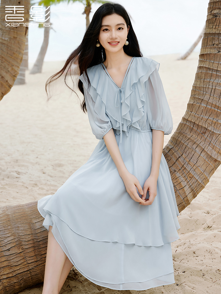 香影超好看蓝色雪纺连衣裙女夏季