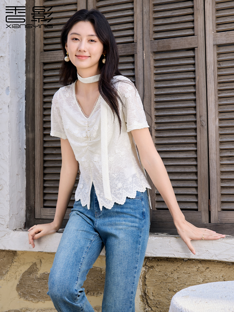 香影v领正肩白色t恤女短袖挂脖上衣小衫