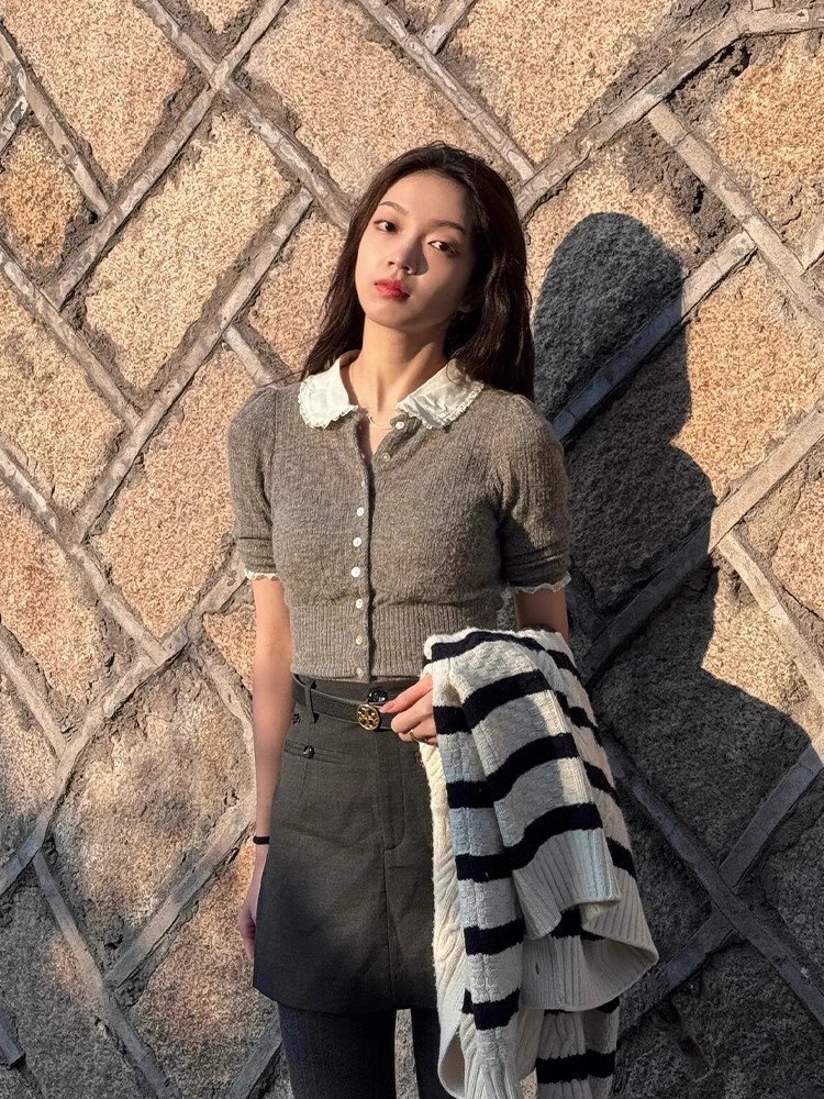 韩系灰色冰丝POLO衫短袖t恤女夏夏季小