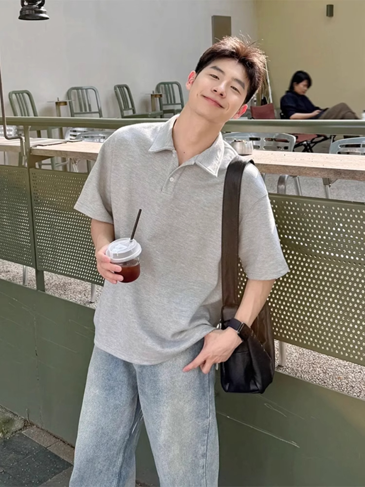 花灰色正肩polo衫男款夏季韩系穿搭重磅