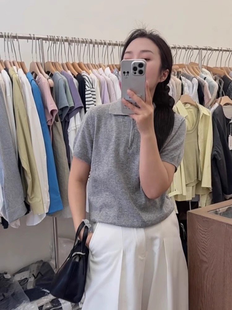 韩系灰色polo领冰丝针织短袖正肩t恤女