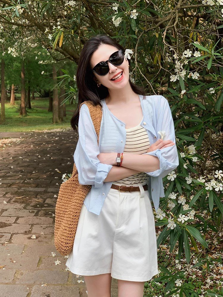 早春蓝色长袖天丝衬衫外套女春秋季外搭衬衣