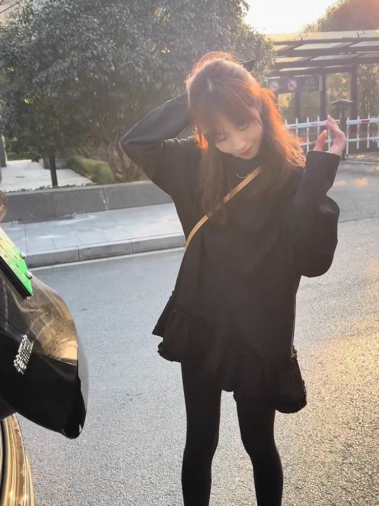 小个子宽松中长款内搭打底衫上衣女春秋黑色