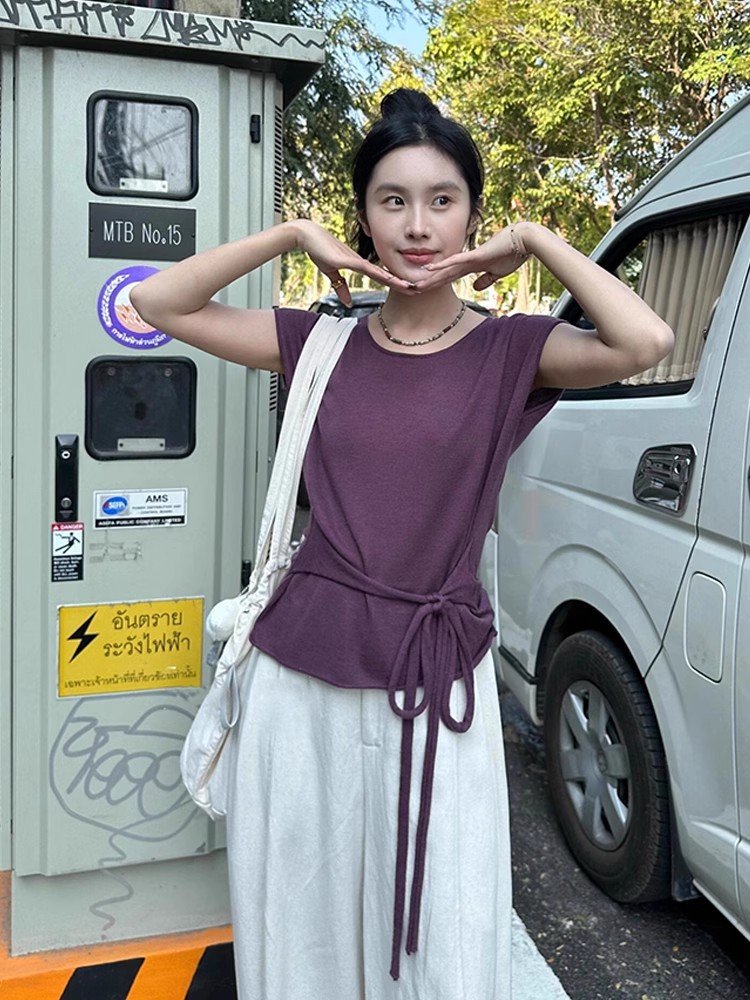 紫色飞飞袖短袖冰丝针织t恤女夏季不规则系