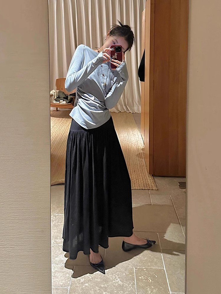 韩系蓝色圆领正肩长袖冰丝t恤女夏季可外穿