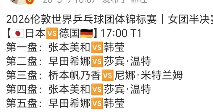 伦敦世乒赛女团半决赛，日本队对德国队，中国队对罗马尼亚队