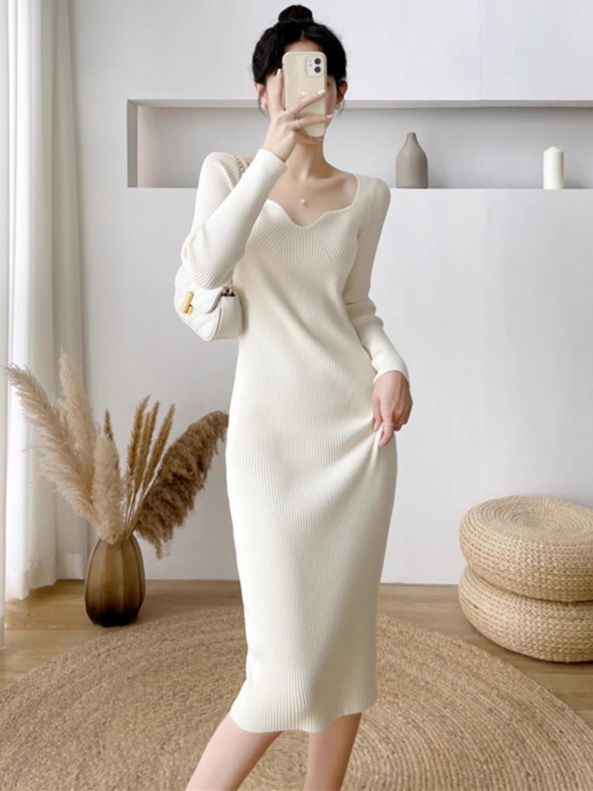 法式白色针织毛衣连衣裙女秋装高级感内搭小