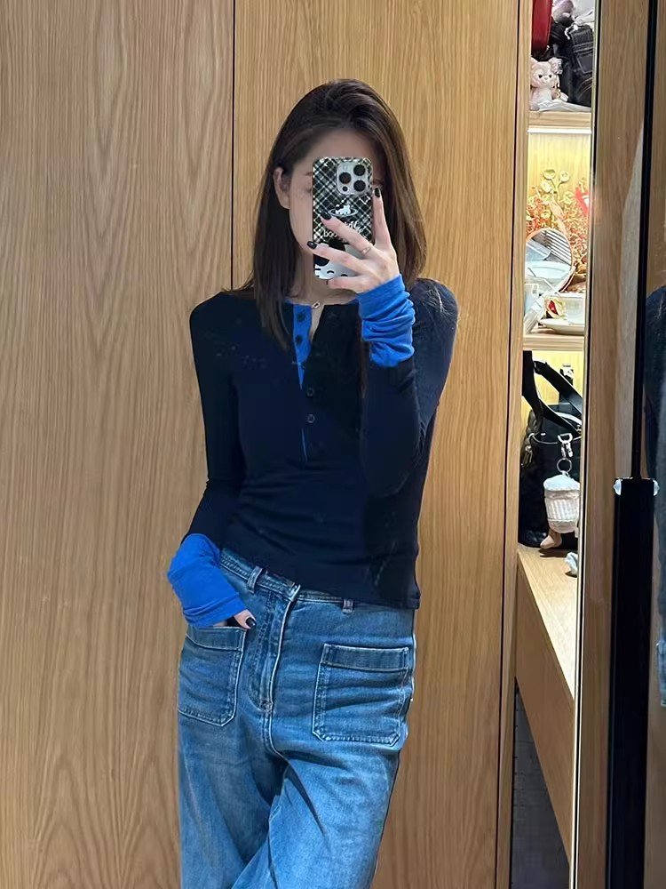 韩系藏蓝色假两件v领长袖t恤女早春季内搭