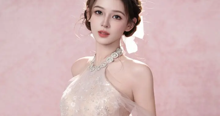 张予曦金粉色珠抹胸连衣裙，周身环绕薄纱