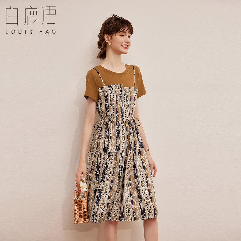白鹿语针织碎花拼接女裙子24夏季时尚休闲微弹腰间抽绳短袖连衣裙