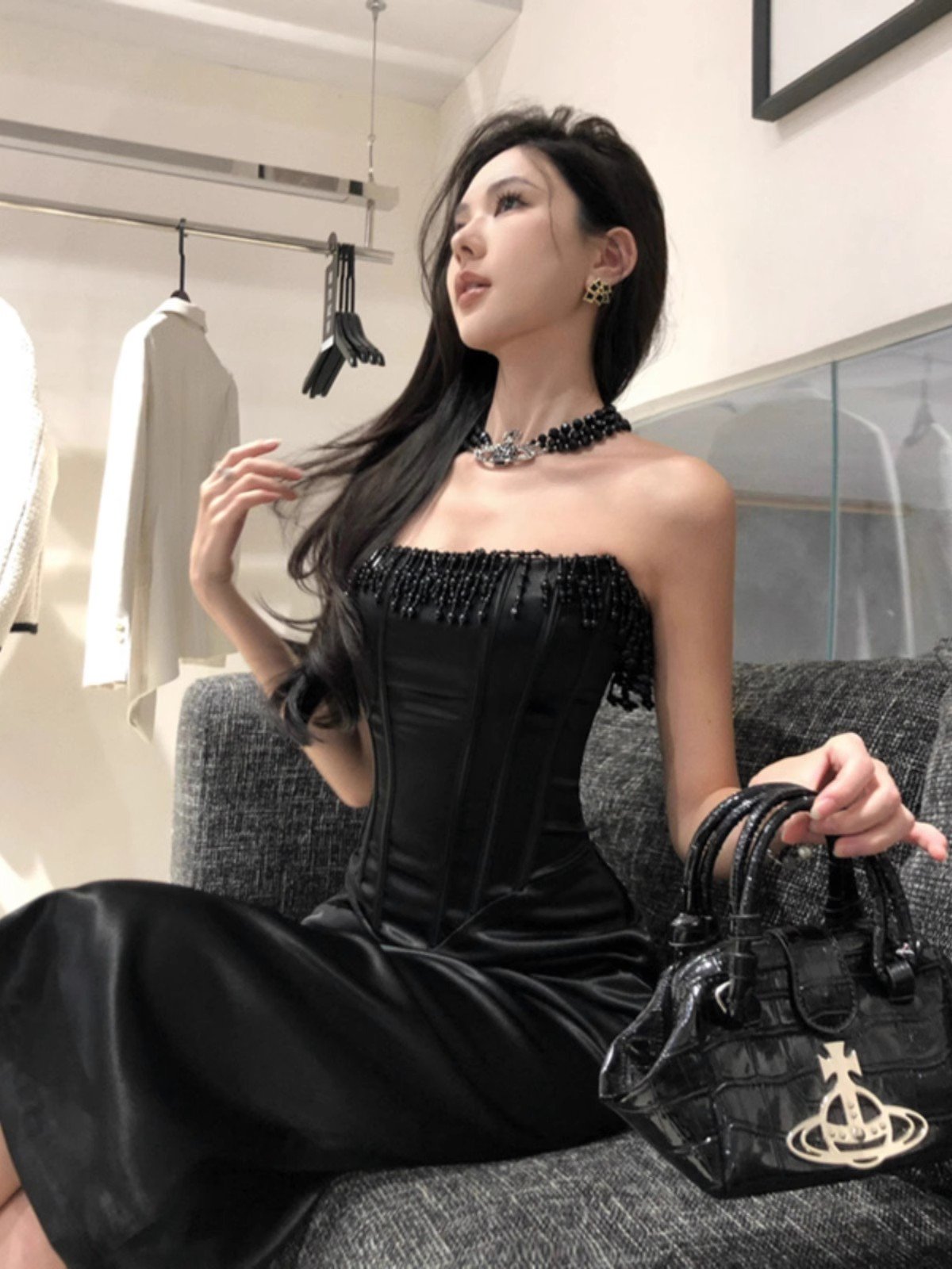 性感黑色鱼骨抹胸内搭连衣裙女冬高级感修身