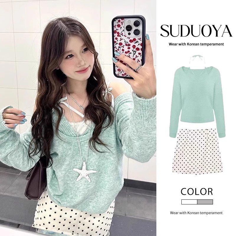 毛衣搭配吊带内搭与半身裙的完美组合！