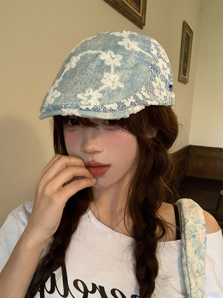 蕾丝拼接复古百搭甜妹刺绣花朵牛仔前进帽！