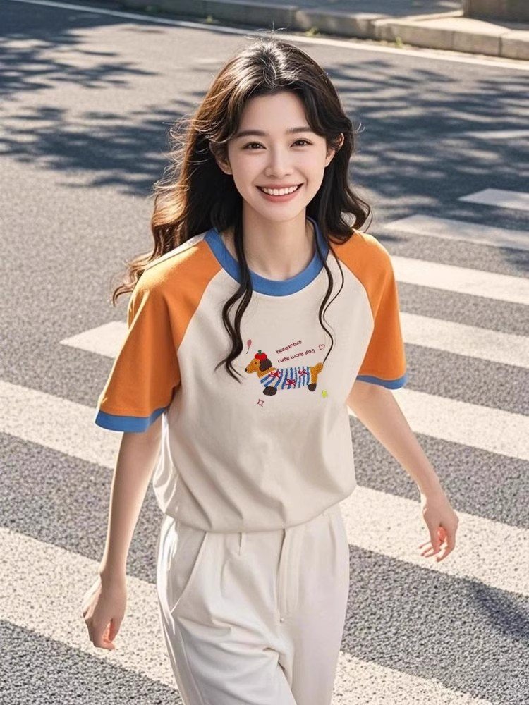 小众不撞款撞色插肩袖趣味卡通短袖t恤女2