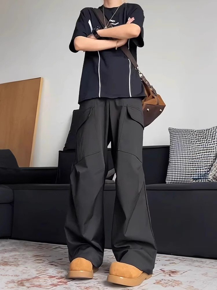 cleanfit黑色工装裤男款多口袋褶皱