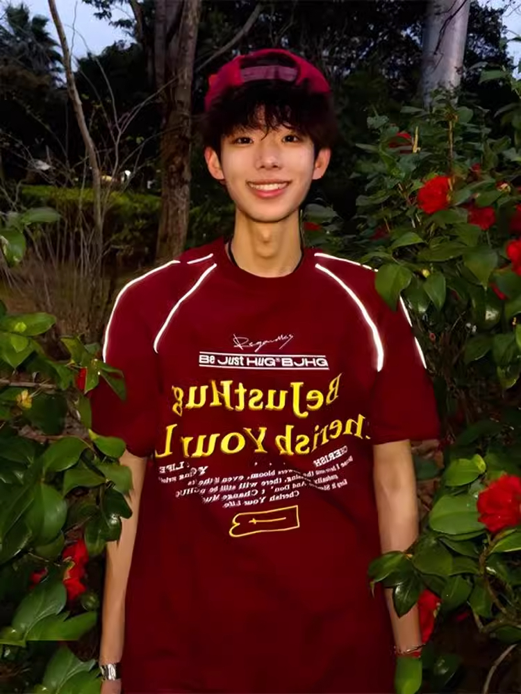 酒红色字母印花短袖男夏季美式hiphop