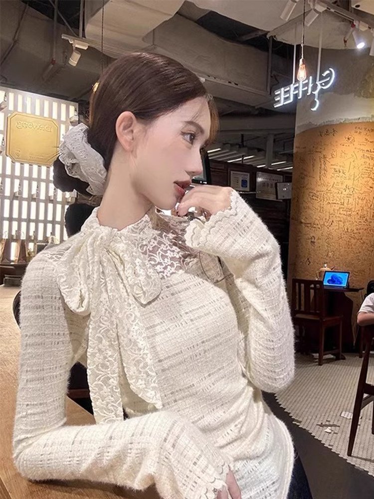 白色蕾丝半高领加绒加厚长袖T恤女冬季内搭