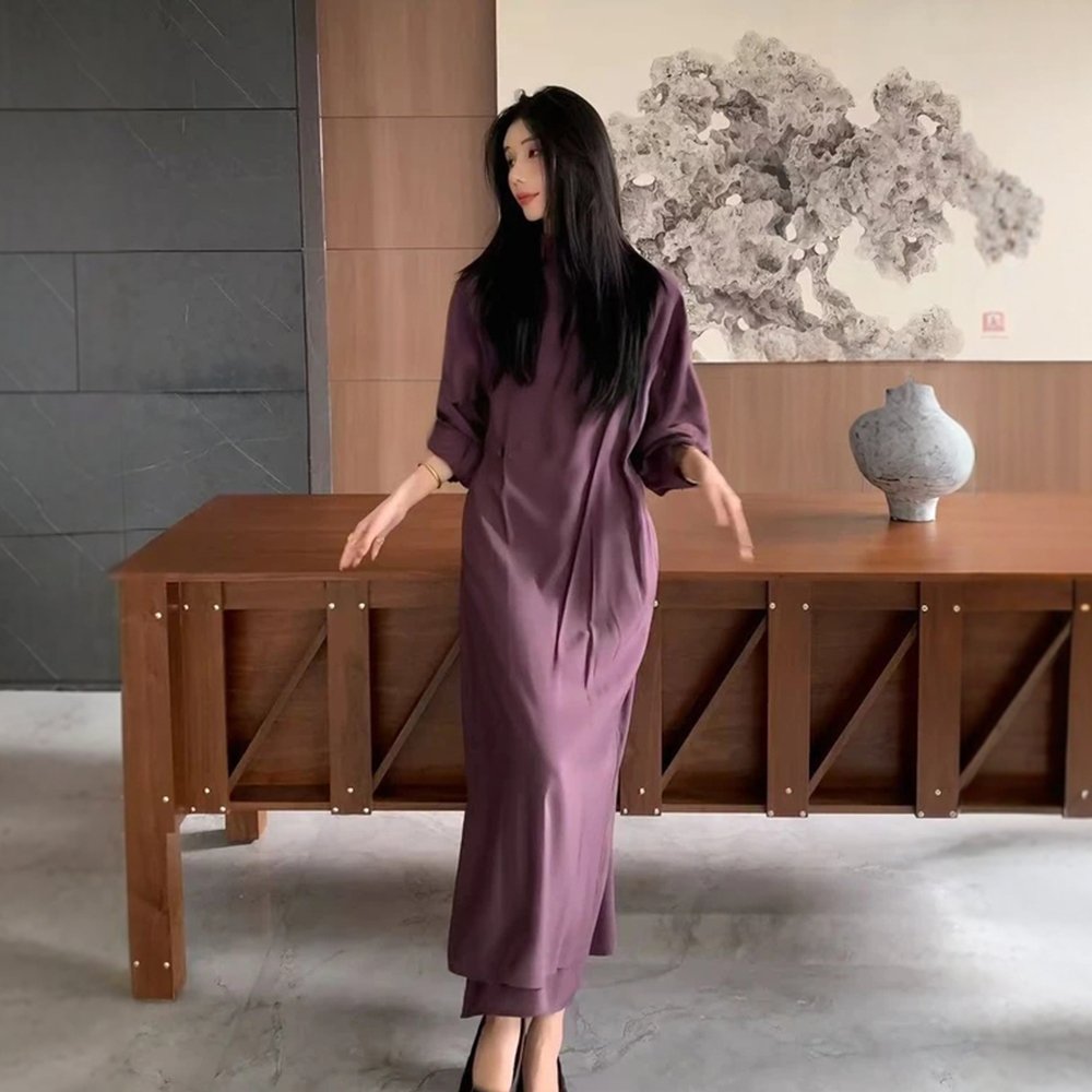 高级感紫色假两件连衣裙小众设计感显瘦长裙