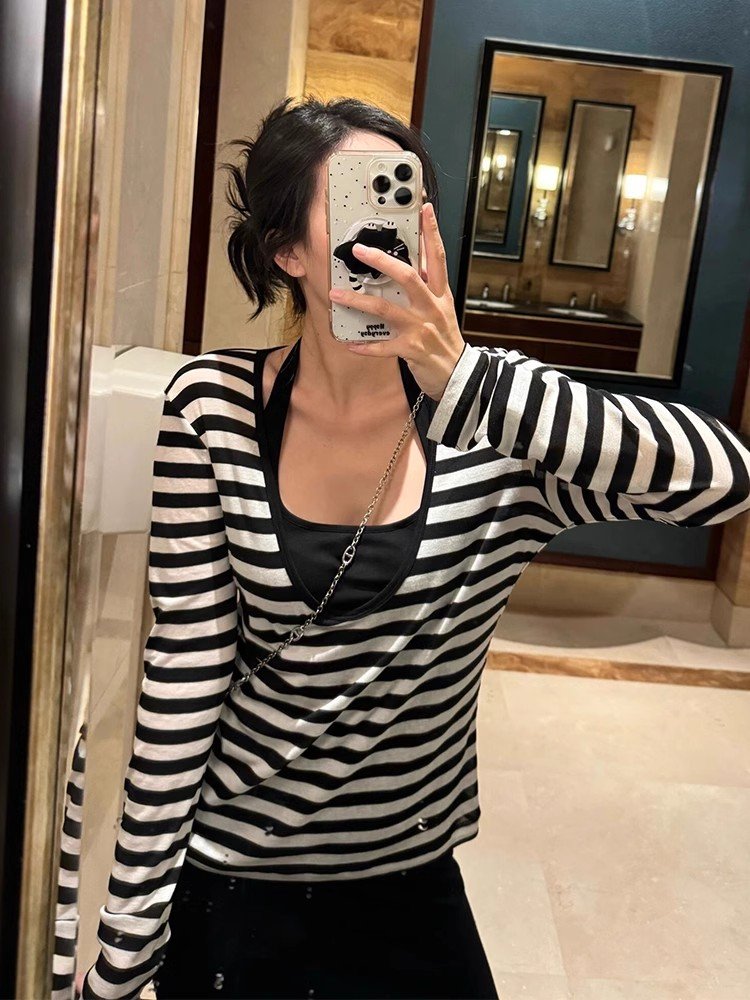 韩系黑白条纹大领口正肩长袖t恤女早春外搭