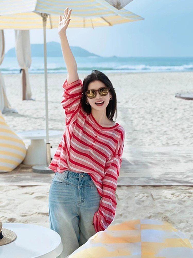 韩系红色条纹正肩长袖t恤罩衫女夏季外搭宽