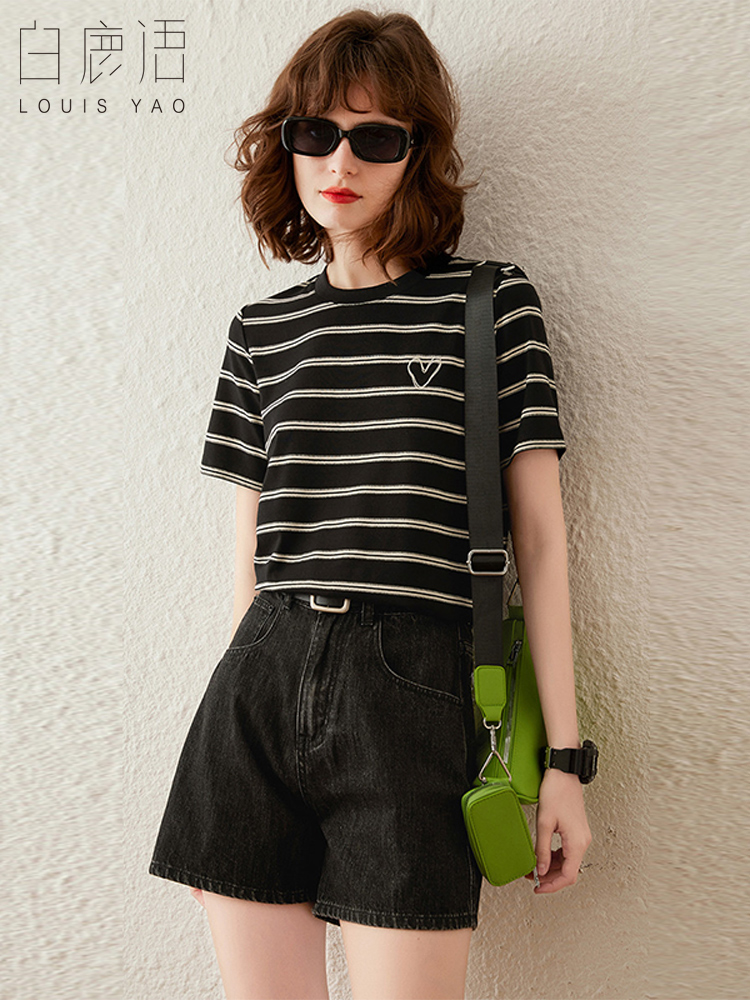 白鹿语条纹短袖休闲T恤夏新款时尚爱心刺绣圆领宽松上衣女