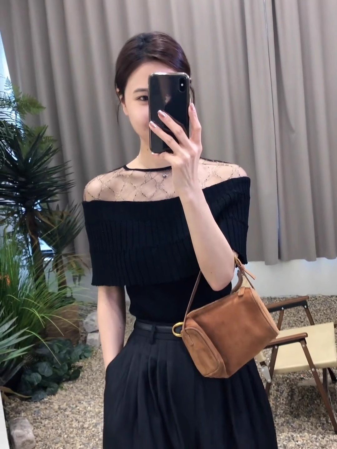 法式黑色冰丝针织拼接网纱短袖t恤女夏季一