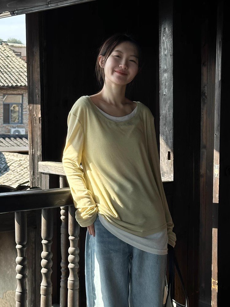 假两件黄色圆领正肩长袖t恤女早春季慵懒松