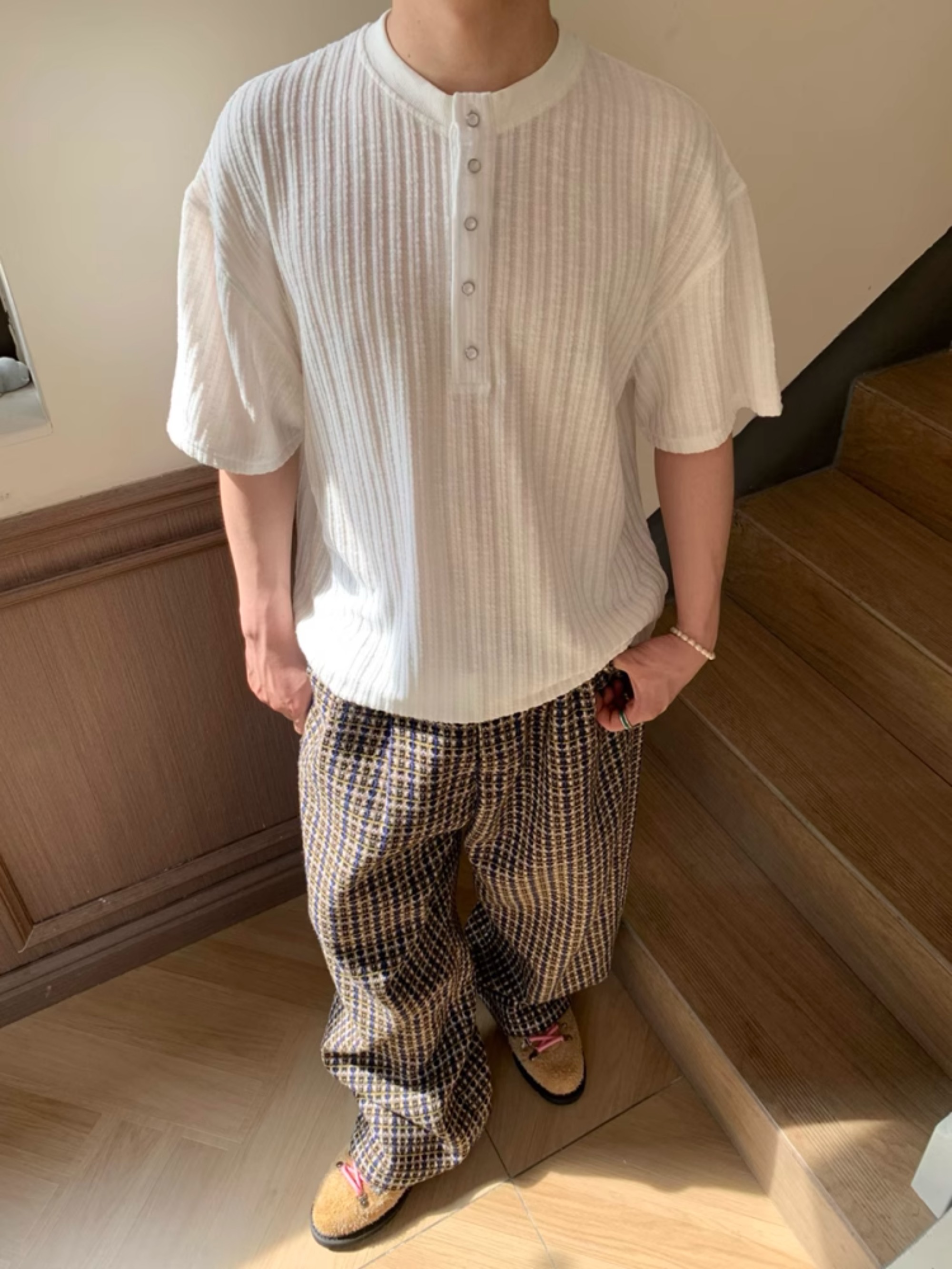 肌理感亨利领针织短袖男夏季冰丝凉感痞帅p