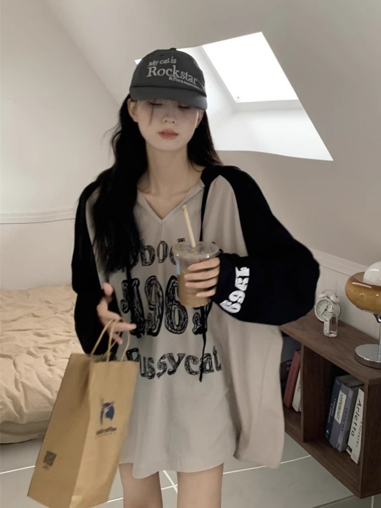 美式复古长袖连帽T恤女春季小众设计感独特