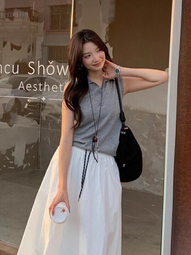 法式蓝色冰丝polo领无袖坎肩针织短袖t