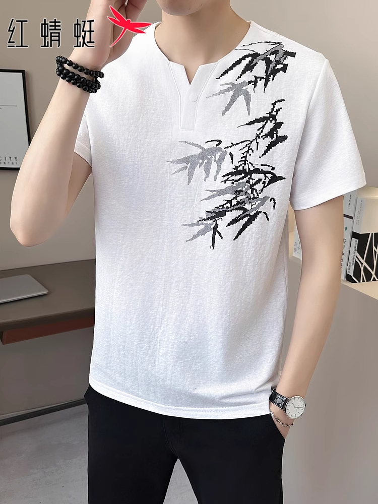 红蜻蜓亚麻短袖t恤男士夏季新款潮流体恤男