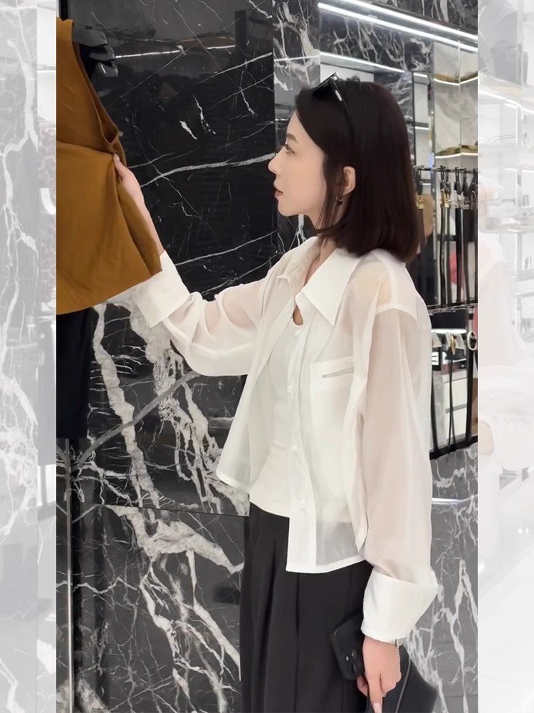 法式白色天丝Polo领开衫衬衣夏夏季女上