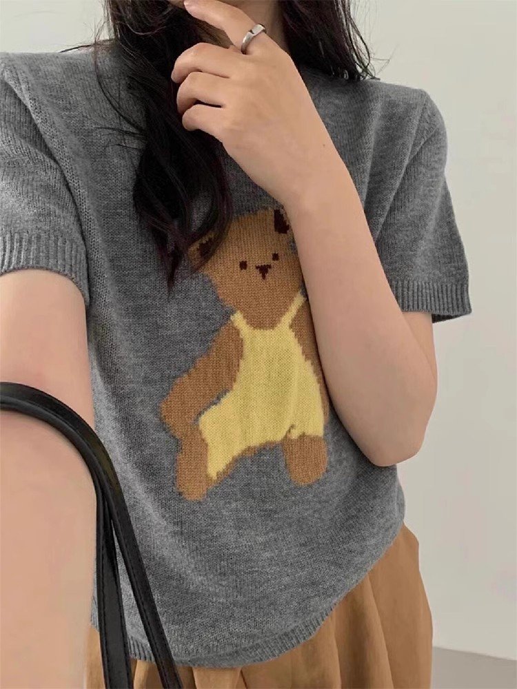韩系灰色小熊提花短袖针织t恤女春秋小众打