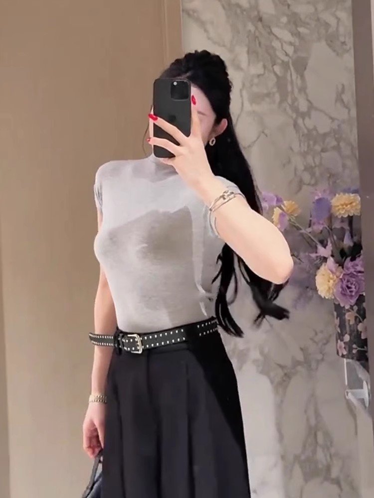 法式甜辣灰色冰丝针织飞飞袖短袖t恤女夏季