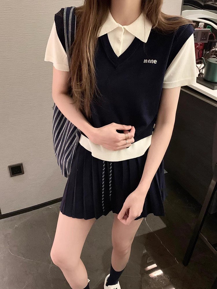 学院风灰色POLO衫小个子短款正肩上衣女