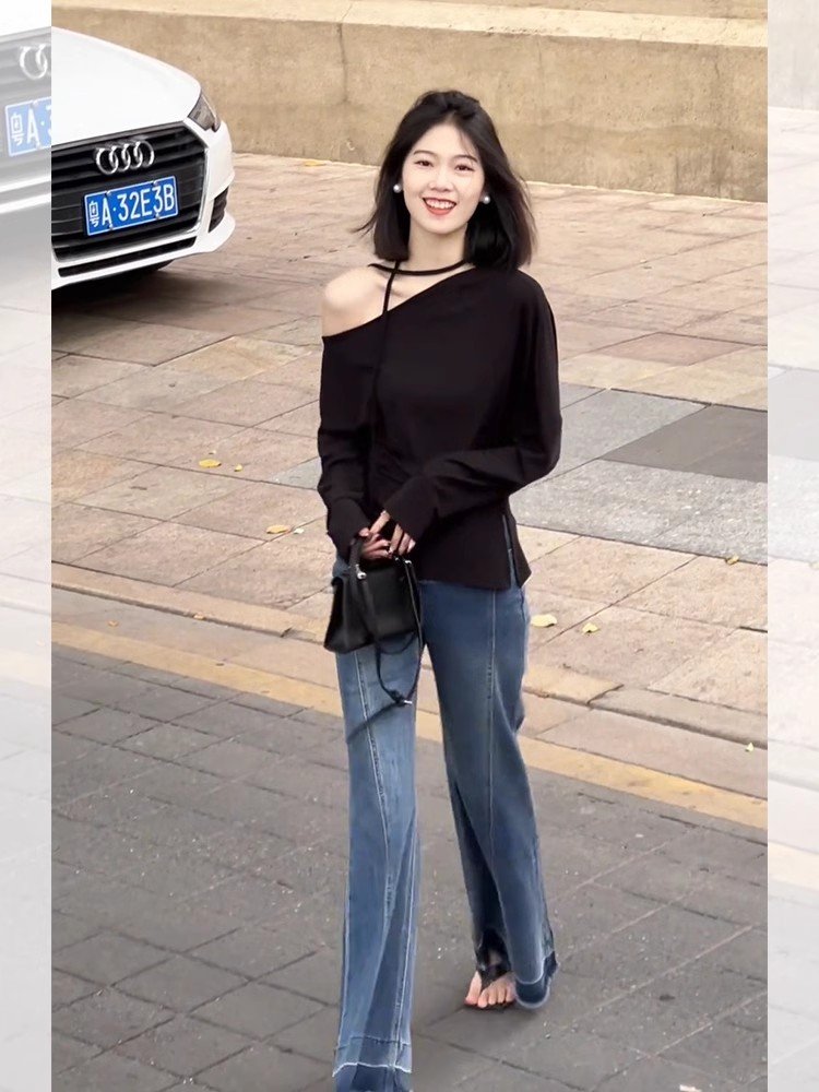 法式内搭黑色斜肩长袖t恤女早春季修身短款