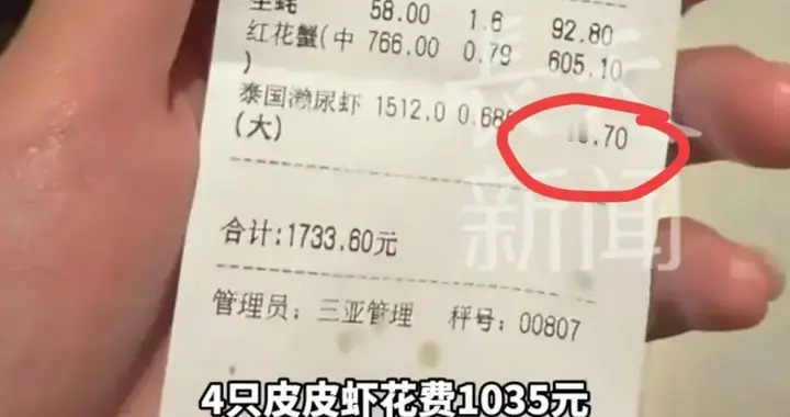 三亚再上热搜！游客举报4只皮皮虾售价1035元，相关部门介入调查