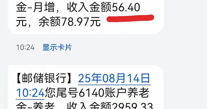 8月养老金总算到账，共两笔钱，一笔56.4，一笔2959.33，咋回事？