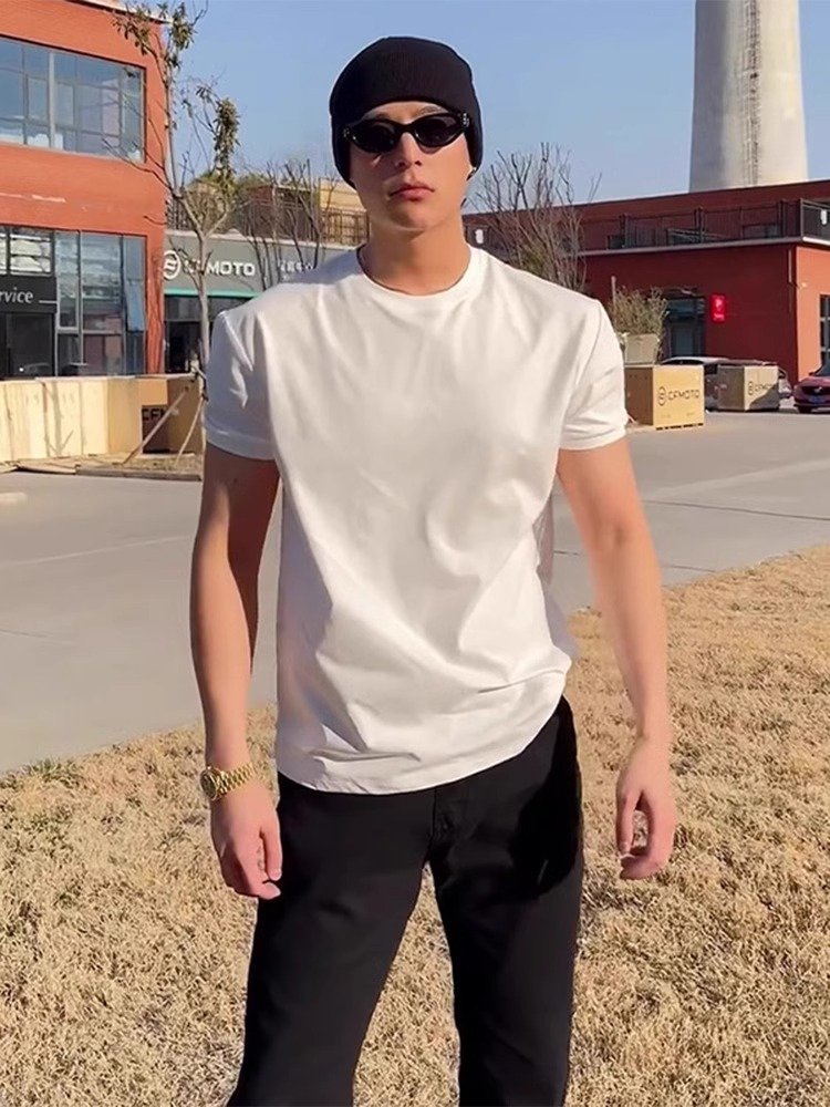 白色冰皮速干健身短袖男款美式小领口正肩t