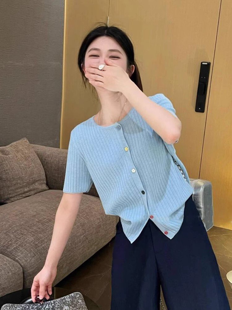 韩系短款蓝色冰丝针织正肩短袖t恤女夏季小