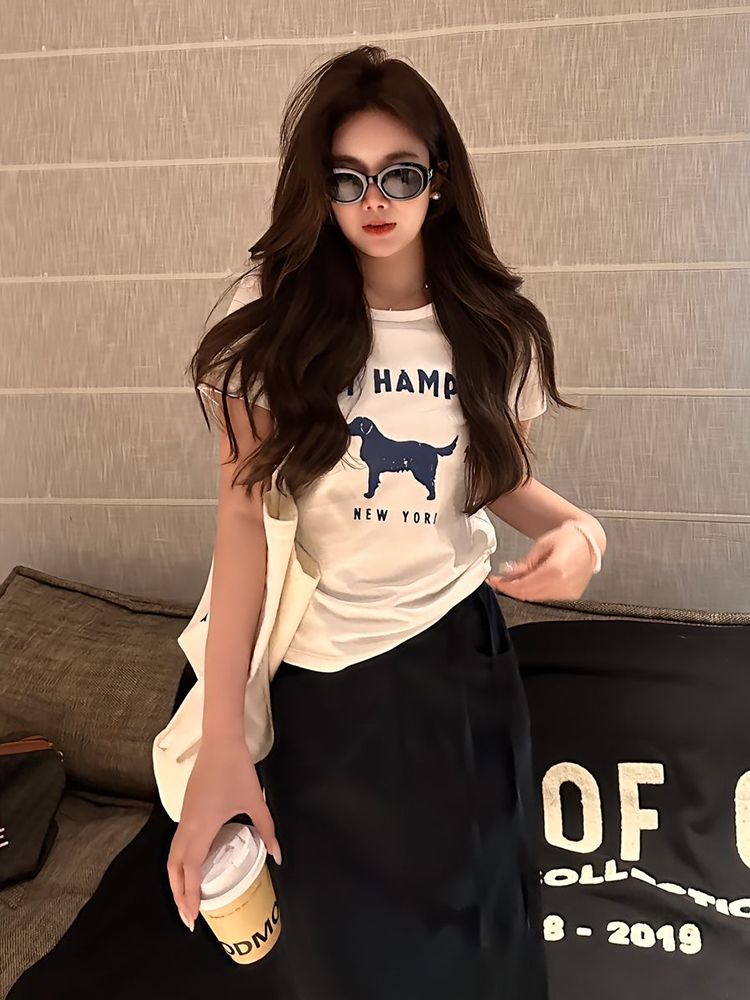 宽松慵懒白色印花短袖正肩T恤女