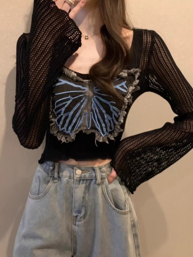 黑色甜酷辣妹风长袖T恤女春设计感蝴蝶木耳